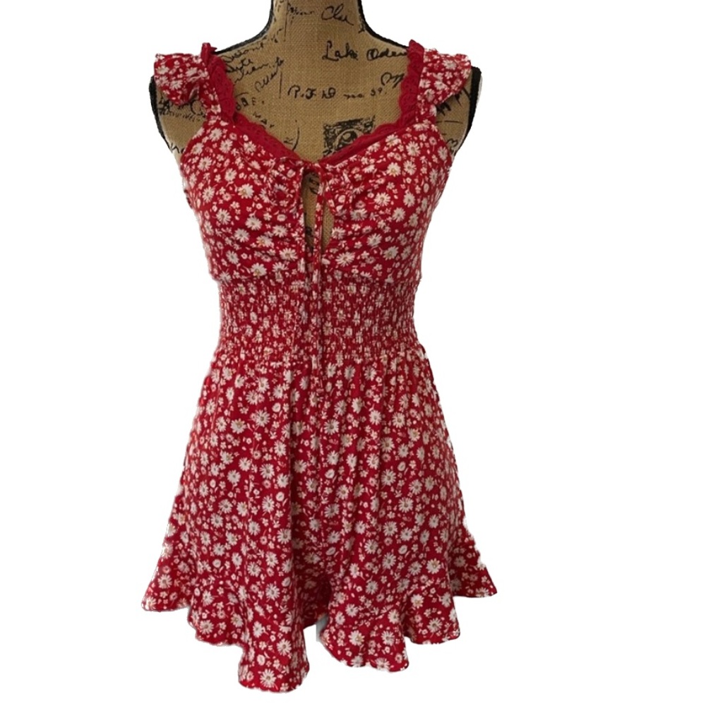 Almost Famous Romper Red with White small flowers strap ruffle sleeve Size M NWT